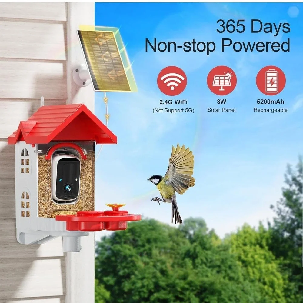 Smart Bird Feeder Camera FB-A08 2K WiFi Solar Powered AI Night Vision Red